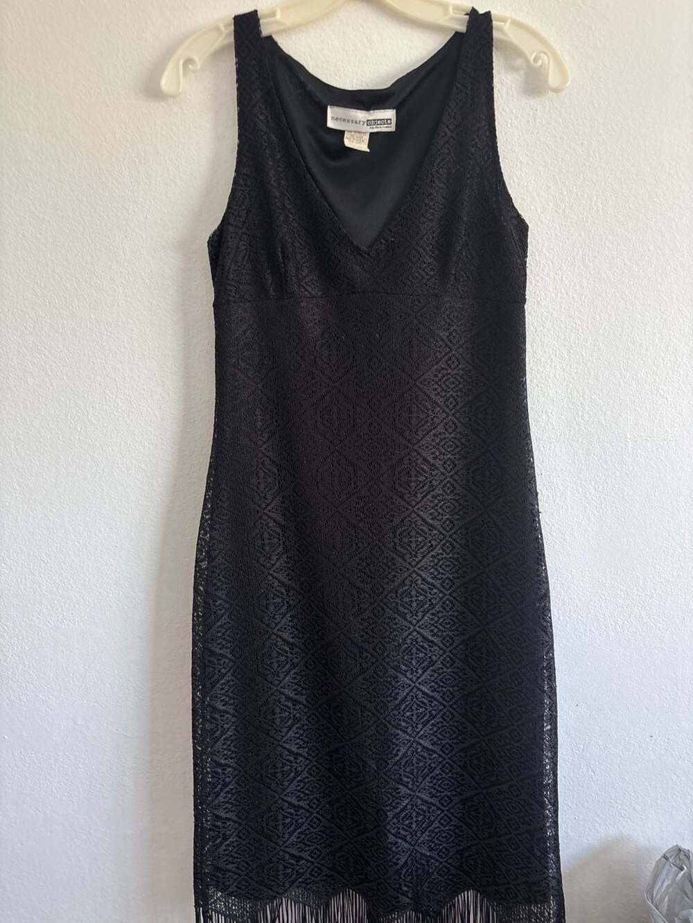 Necessary Objects by Ady Gluck-Frankel Black Fringe V-Neck Dress Size L